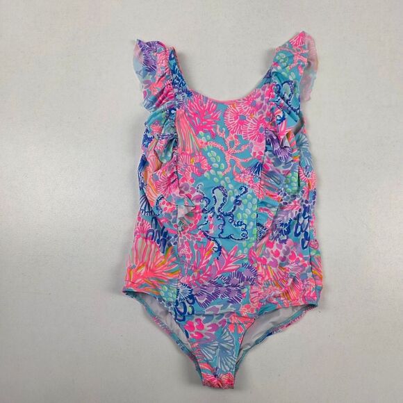 Lilly Pullitzer Lisa One-Piece Swimsuit Girls Sz 8 Pink Blue Beach Swim Wear - Picture 1 of 8